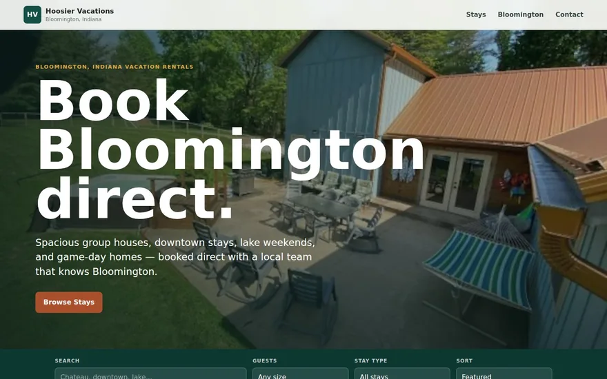 Hoosier Vacations direct booking site — Bloomington, Indiana vacation rentals
