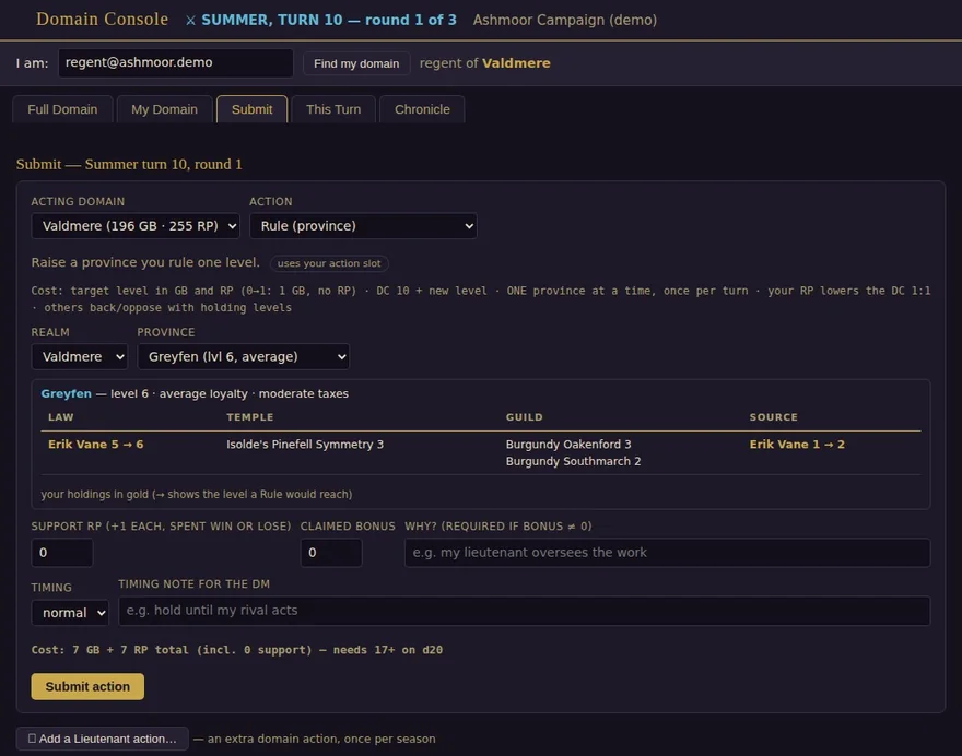A custom multiplayer turn engine: action form with live cost calculation, holdings table, and rules validation
